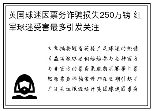 英国球迷因票务诈骗损失250万镑 红军球迷受害最多引发关注