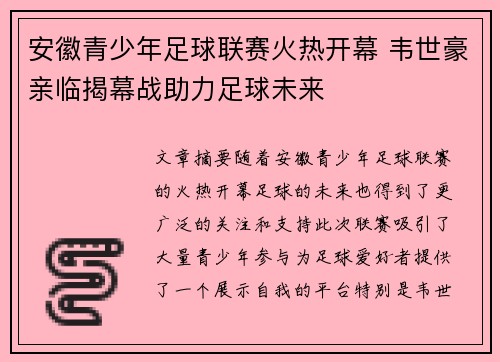 安徽青少年足球联赛火热开幕 韦世豪亲临揭幕战助力足球未来